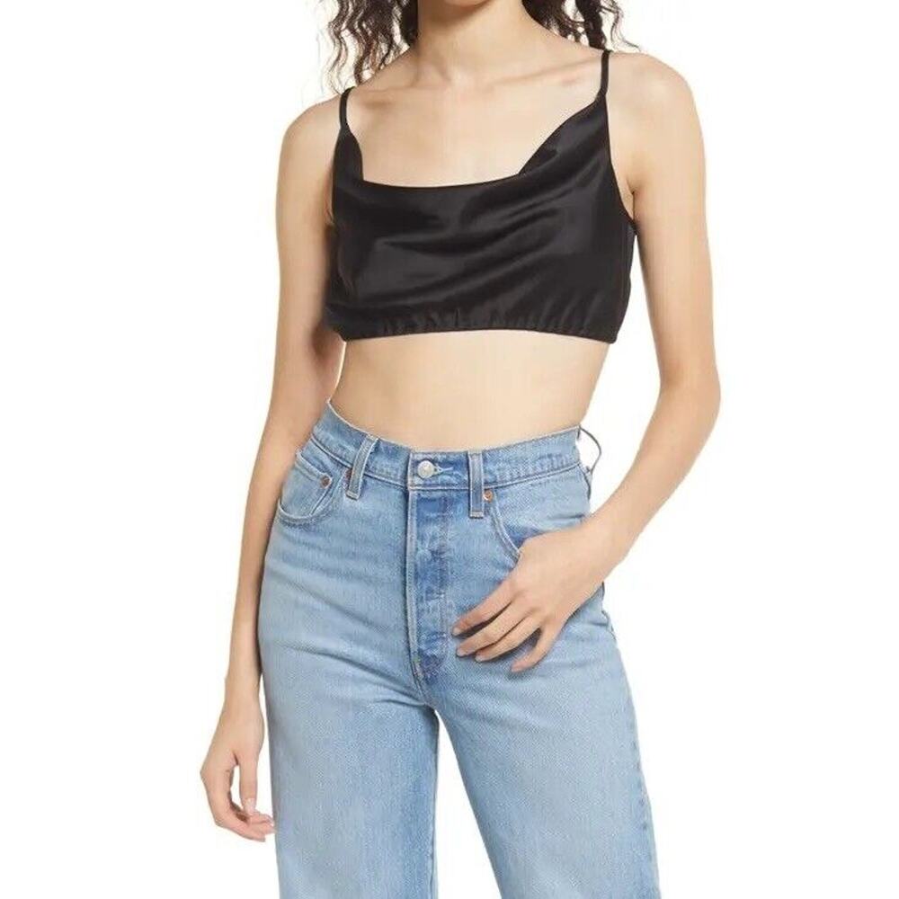 Vero Moda Nat Satin Crop Top Cowl Neck Spaghetti Straps XS Black Goth Emo Fairy